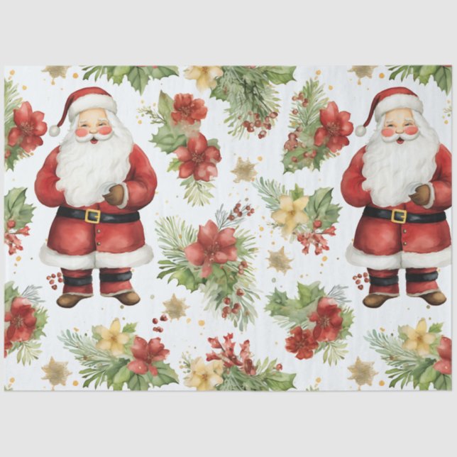 Santa Claus Poinsettas Flowers Christmas Tissue Paper (Front)