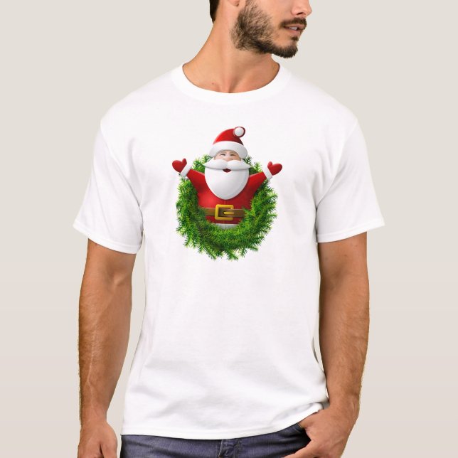 Santa Claus Pops Out of a Christmas Wreath T-Shirt (Front)