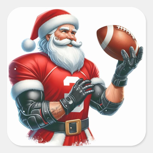 Santa Claus Prepares for a Game With a Football Square Sticker (Front)