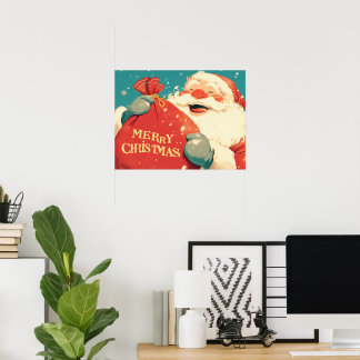 Santa Claus Preparing Christmas Gifts - Retro Art Poster