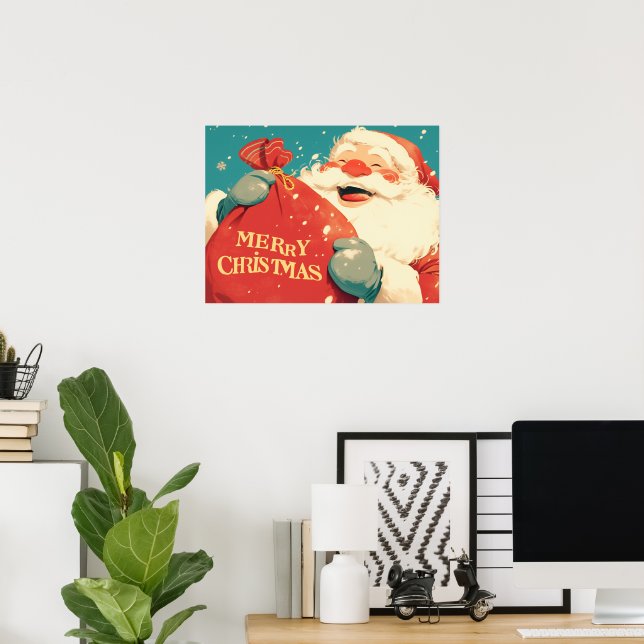 Santa Claus Preparing Christmas Gifts - Retro Art Poster (Home Office)