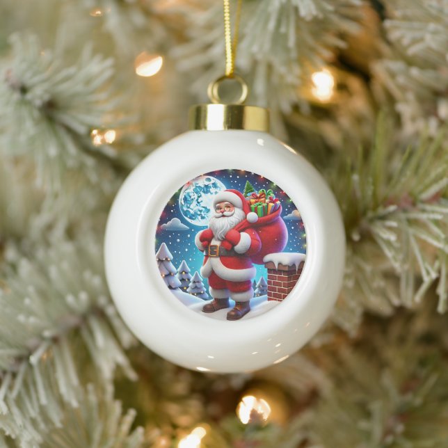 Santa Claus Presents under a Starry Christmas Sky Ceramic Ball Christmas Ornament (Tree)