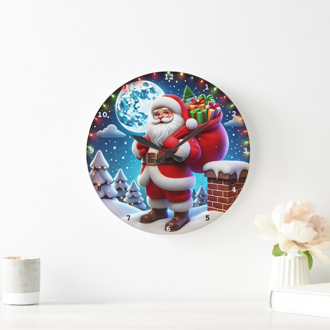 Santa Claus Presents under a Starry Christmas Sky Large Clock (Home)