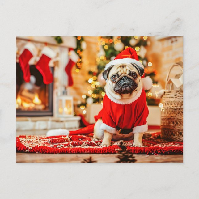 Santa Claus Pug with Christmas Tree Postcard (Front)
