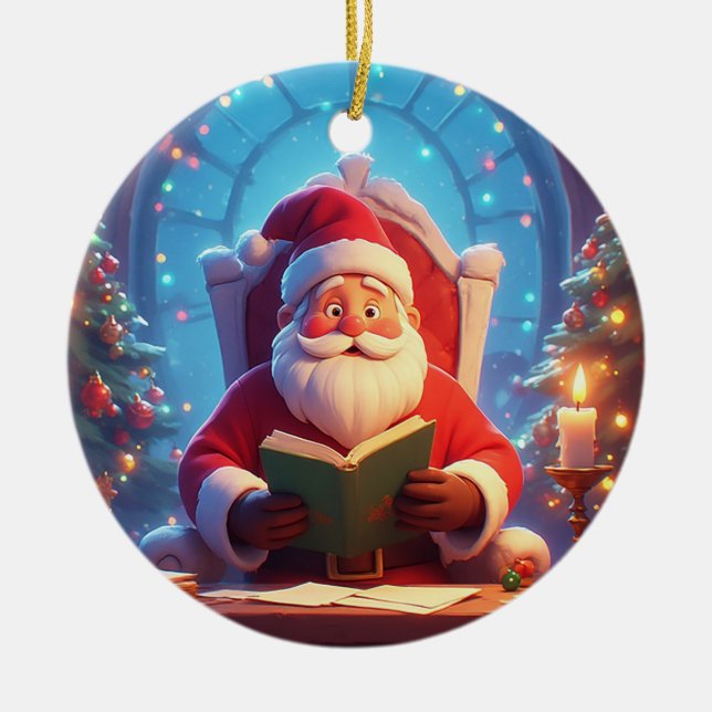 Santa Claus Reading a Book by Candlelight Ceramic Ornament (Front)