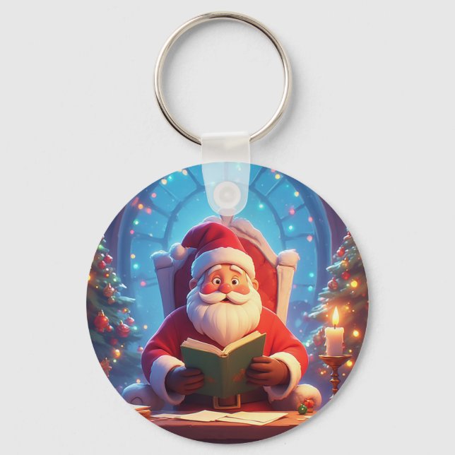 Santa Claus Reading a Book by Candlelight Key Ring (Front)
