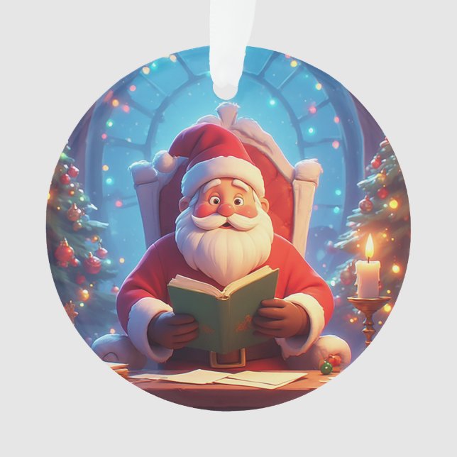 Santa Claus Reading a Book by Candlelight Ornament (Front)