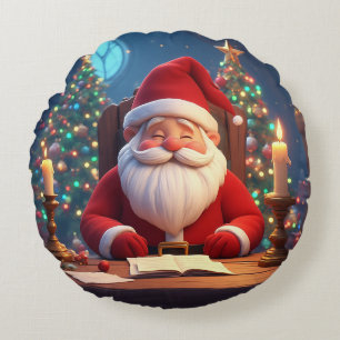 Santa Claus Reading a Book by Candlelight Round Cushion