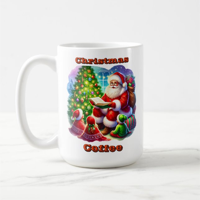 Santa Claus Reading a Story by the Christmas Tree Coffee Mug (Left)