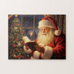 Santa Claus Reading by the Christmas Tree Jigsaw Puzzle<br><div class="desc">A classic depiction of Santa Claus, dressed in his iconic red suit with white trim, sits by a beautifully decorated Christmas tree. He is reading a book, his face illuminated by the warm glow of the tree lights. The background features a window with a snowy winter scene outside, adding to...</div>