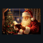 Santa Claus Reading by the Christmas Tree Poster<br><div class="desc">A classic depiction of Santa Claus, dressed in his iconic red suit with white trim, sits by a beautifully decorated Christmas tree. He is reading a book, his face illuminated by the warm glow of the tree lights. The background features a window with a snowy winter scene outside, adding to...</div>