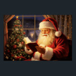Santa Claus Reading by the Christmas Tree Poster<br><div class="desc">A classic depiction of Santa Claus, dressed in his iconic red suit with white trim, sits by a beautifully decorated Christmas tree. He is reading a book, his face illuminated by the warm glow of the tree lights. The background features a window with a snowy winter scene outside, adding to...</div>