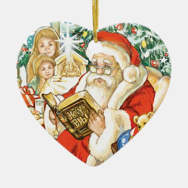 Santa Claus Reading the Bible on Christmas Eve Ceramic Tree Decoration (Front)