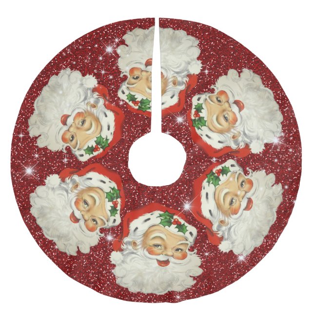 Santa Claus Red Glitter Sparkle Stars Christmas Brushed Polyester Tree Skirt (Front)