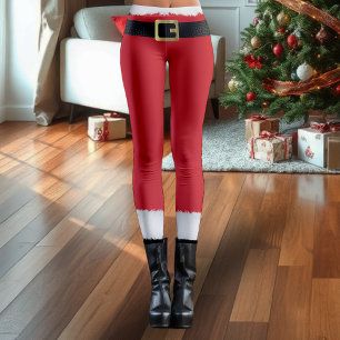 Santa Claus Red & White Fur Black Boots Christmas Leggings