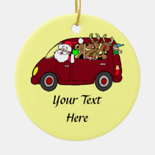 Santa Claus,Reindeer And Elves In Van Ceramic Ornament