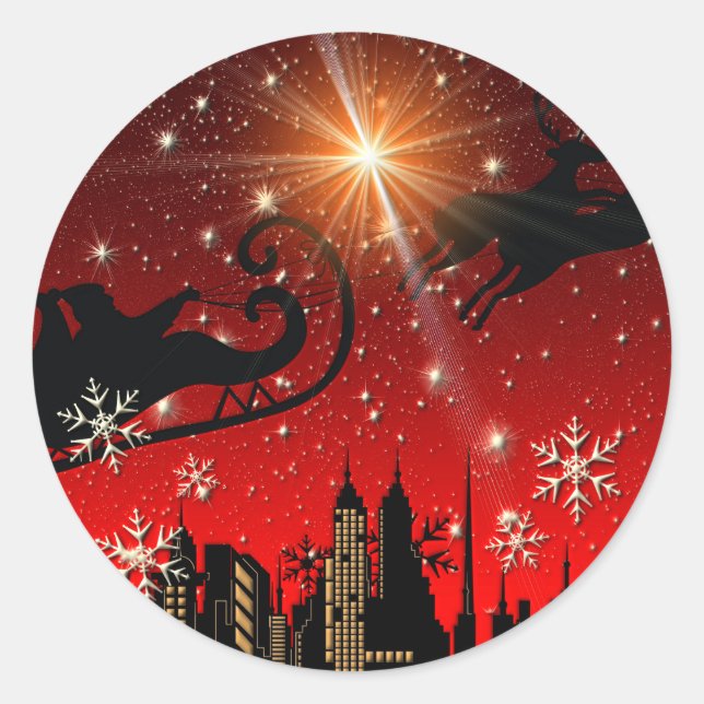 Santa Claus Reindeer and Sleigh Flying Classic Round Sticker (Front)
