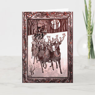 Santa Claus Reindeer And Sleigh Holiday Card