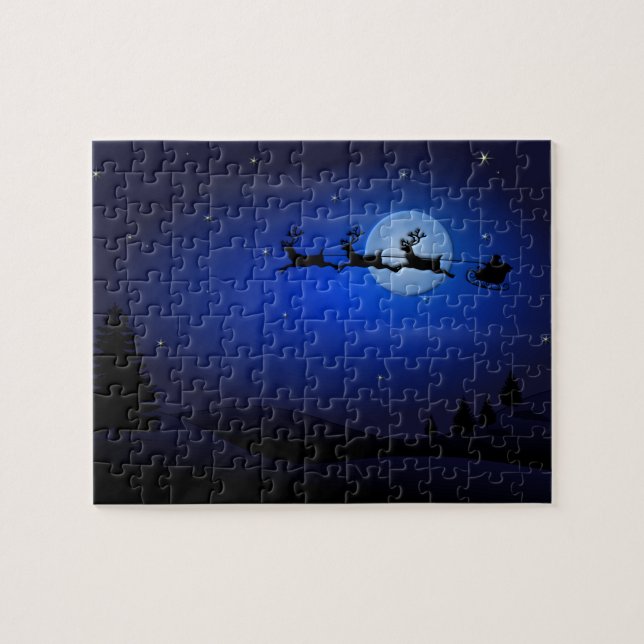 Santa Claus Reindeer and Sleigh over Moon Jigsaw Puzzle (Horizontal)