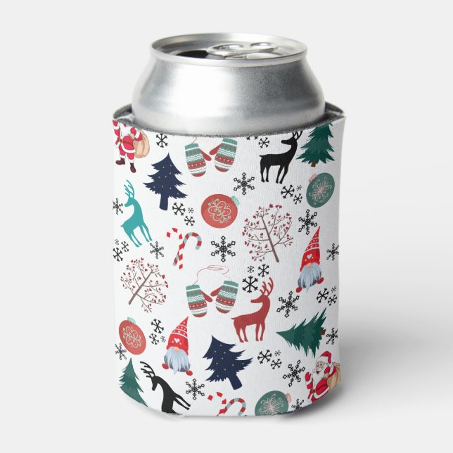 Santa Claus Reindeer Pine Trees Mittens Pattern Can Cooler (Can Front)