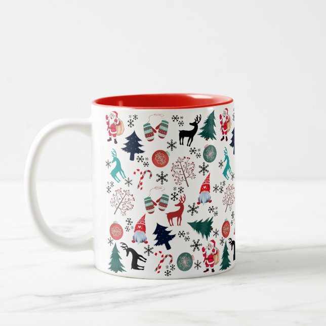 Santa Claus Reindeer Pine Trees Mittens Pattern Two-Tone Coffee Mug (Left)