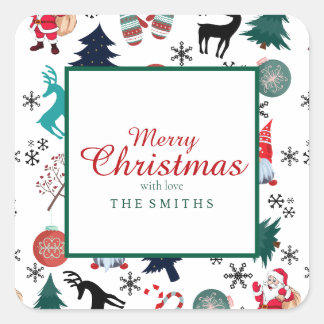 Santa Claus Reindeer Pine Trees Mittens Square Sticker