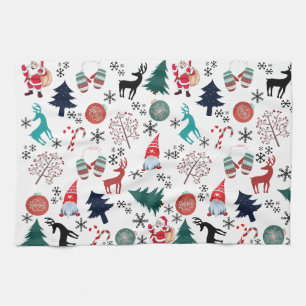 Santa Claus Reindeer Pine Trees Mittens Tea Towel