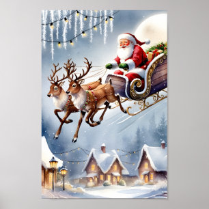 Santa Claus & Reindeer Ride Snowy Scene Wall Art