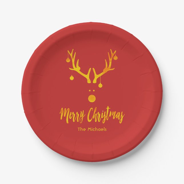Santa Claus reindeer Rudolph in faux gold on red Paper Plate (Front)