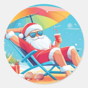 Santa Claus Relaxing on a Tropical Beach Sunbed Classic Round Sticker