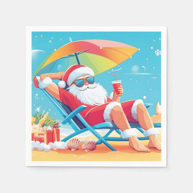 Santa Claus Relaxing on a Tropical Beach Sunbed  Napkin (Front)