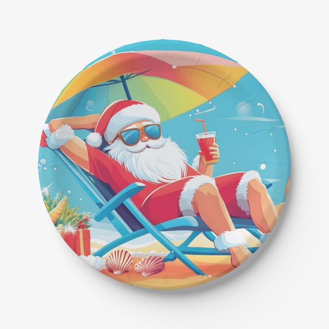 Santa Claus Relaxing on a Tropical Beach Sunbed  Paper Plate (Front)