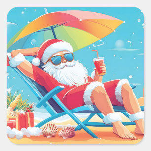 Santa Claus Relaxing on a Tropical Beach Sunbed  Square Sticker