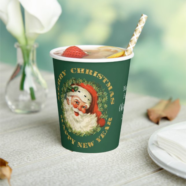 Santa Claus Retro Wreath Holiday Paper Cups (Insitu)