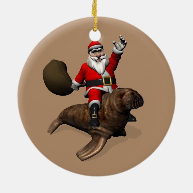 Santa Claus Rides A Walrus Ceramic Tree Decoration (Back)