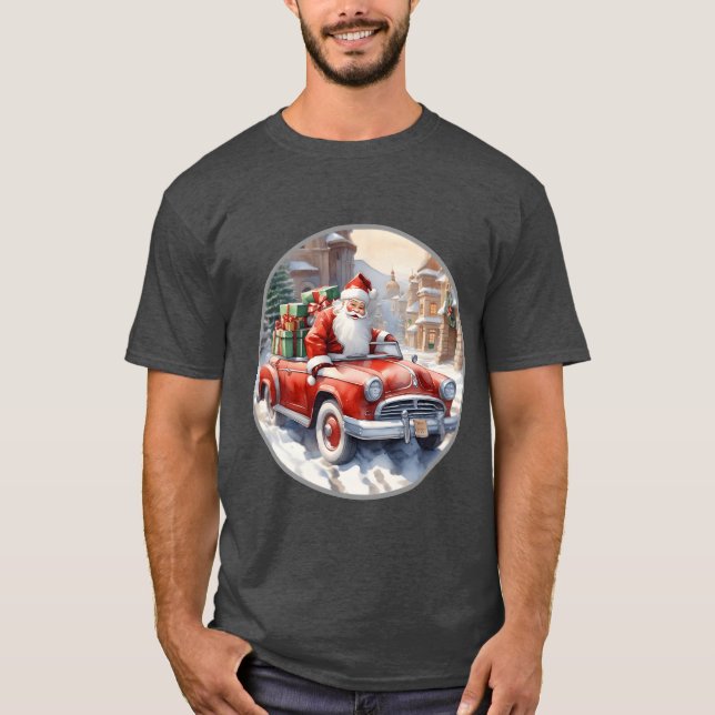 Santa Claus rides in a convertible car retro frien T-Shirt (Front)