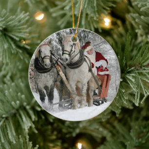 Santa Claus rides in a Horse sleigh Ceramic Ornament