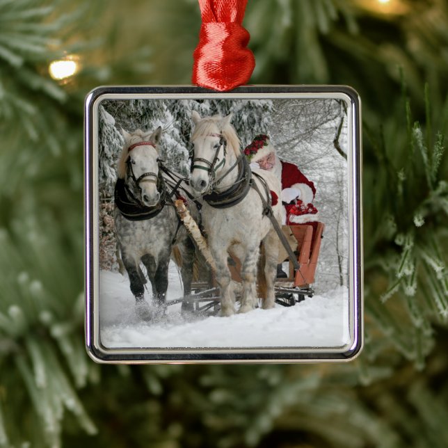 Santa Claus rides in a Horse sleigh Metal Ornament (Tree)