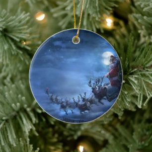 Santa Claus rides reindeer sleigh Ceramic Ornament