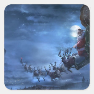 Santa Claus rides reindeer sleigh Square Sticker