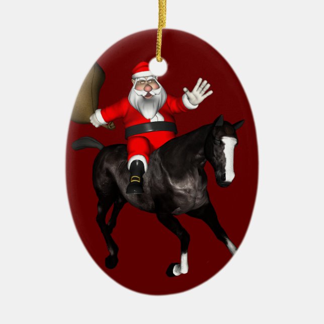 Santa Claus Riding A Black Horse Ceramic Ornament (Front)