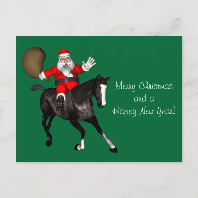 Santa Claus Riding A Black Horse Holiday Postcard (Front)