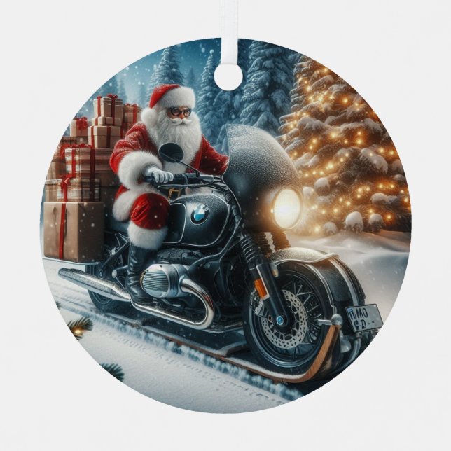 Santa Claus Riding A BMW Motorcycle Sled Metal Tree Decoration (Front)
