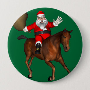 Santa Claus Riding A Brown Horse 10 Cm Round Badge