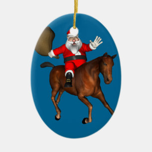 Santa Claus Riding A Brown Horse Ceramic Ornament