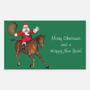 Santa Claus Riding A Brown Horse Rectangular Sticker