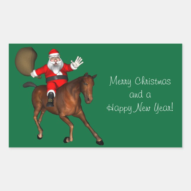 Santa Claus Riding A Brown Horse Rectangular Sticker (Front)