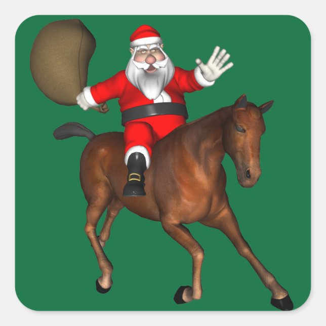 Santa Claus Riding A Brown Horse Square Sticker (Front)