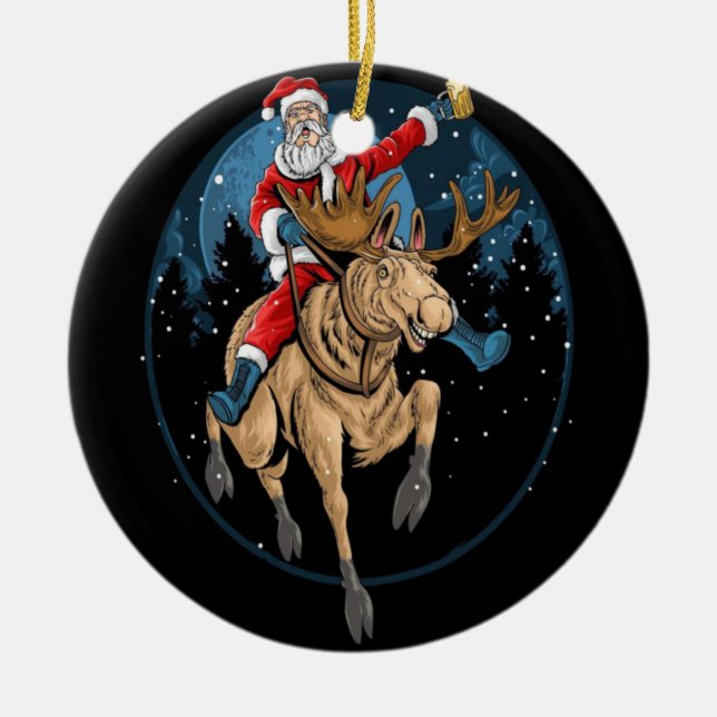 SANTA CLAUS RIDING A CHRISTMAS REINDEER CERAMIC ORNAMENT (Front)