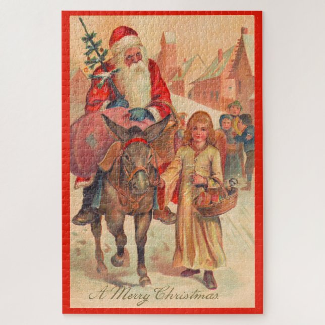 Santa Claus riding a donkey Merry Christmas Jigsaw Puzzle (Vertical)